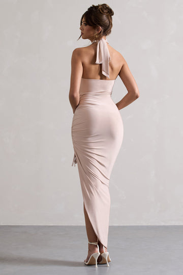 Jaiya Champagne Ruched Halter-Neck Asymmetric Maxi Dress